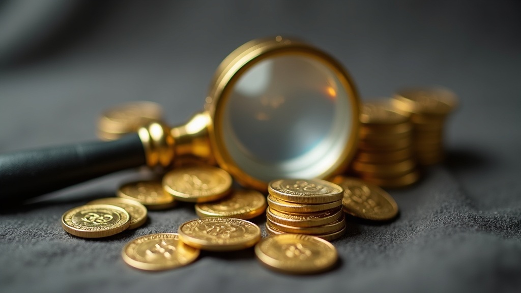 Loupe and gold coins used to examine gold purity and alloy color differences