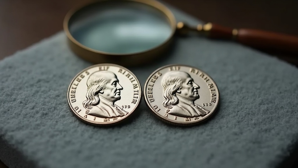 Two Franklin half dollars compared for wear and bell line detail with a loupe nearby