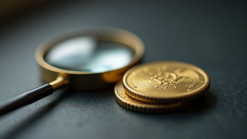 Loupe next to a gold coin used to examine fineness and surface detail