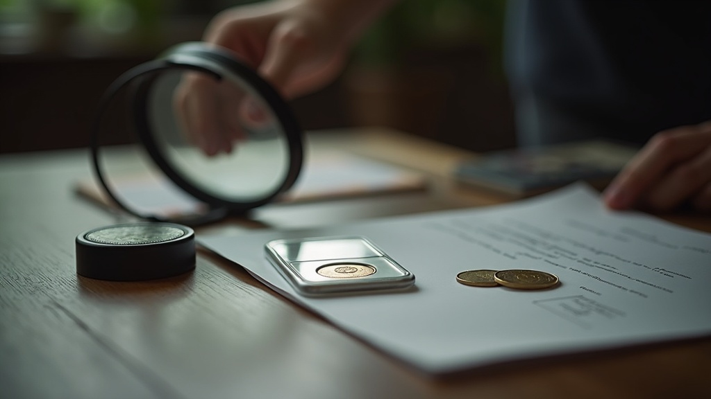 Graded coin slab beside a loupe and paperwork representing coin grading documentation