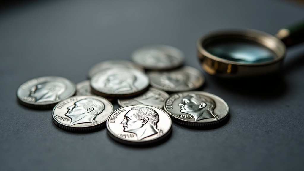 Group of Mercury dimes with a loupe used for examining coin details