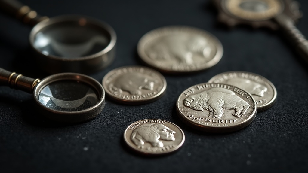 Group of Buffalo Nickels in different wear conditions next to a magnifying loupe