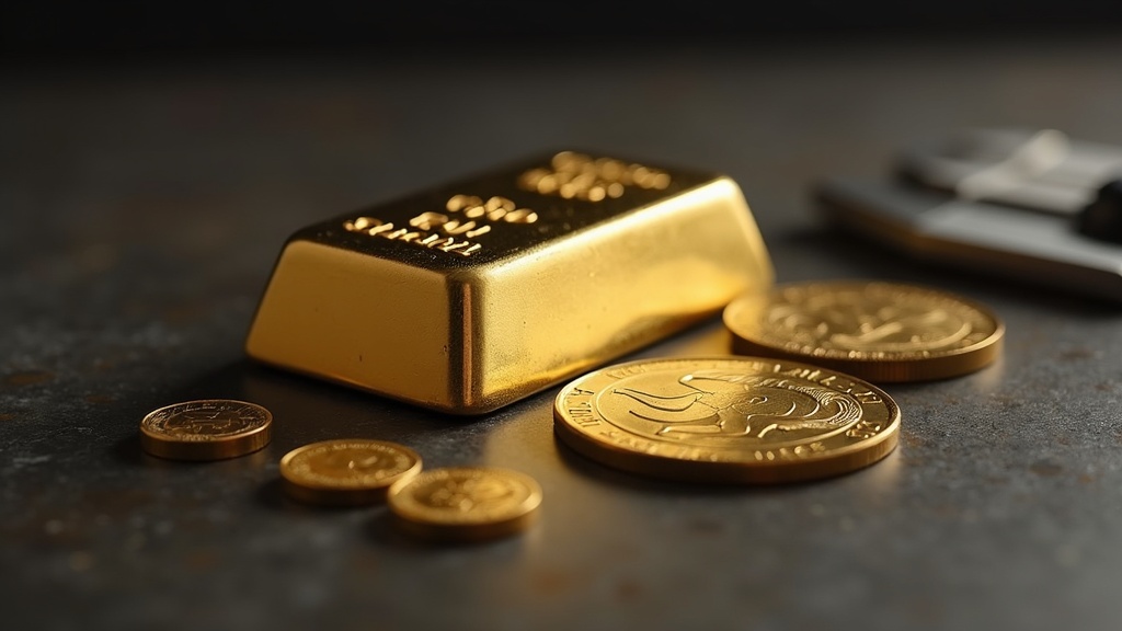 Gold bar and coin with testing tools used in gold authentication