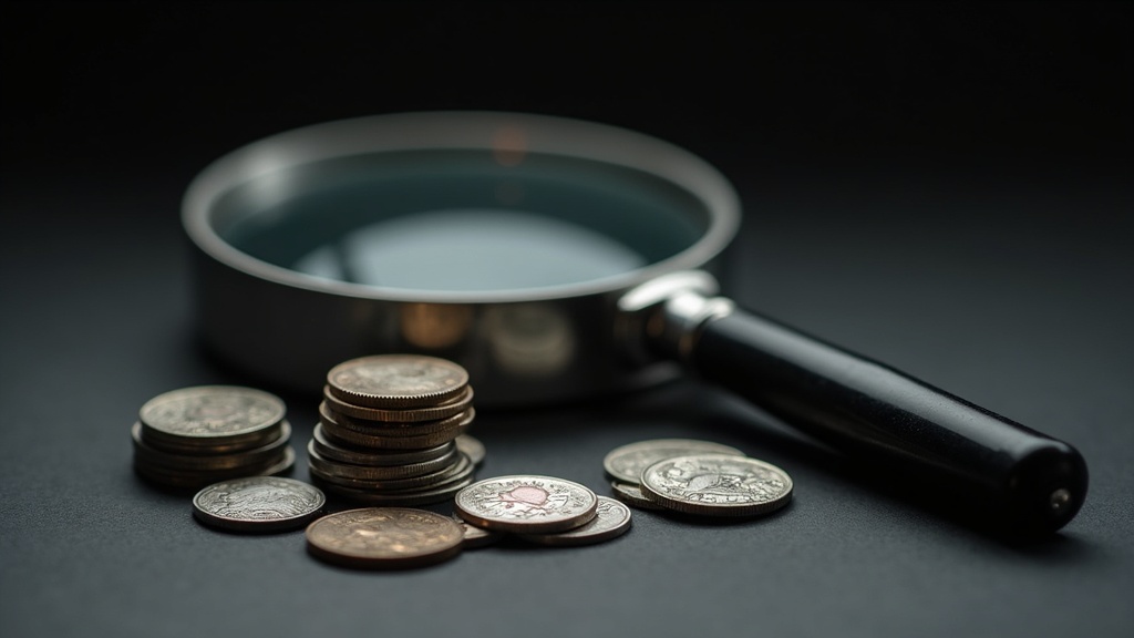 Loupe next to stacked silver coins used to examine silver purity and coin condition