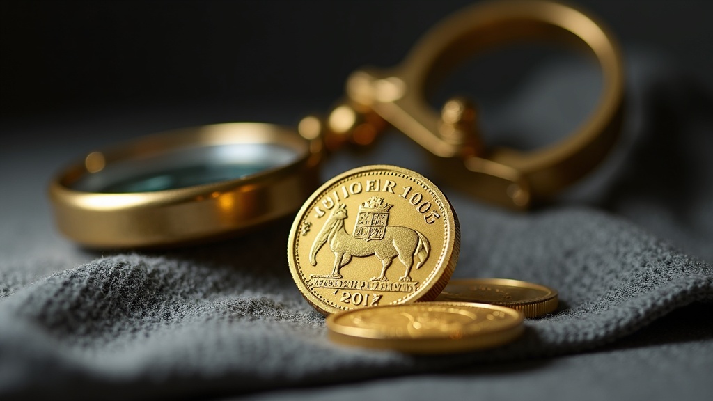 Macro view of Krugerrand coin details next to a loupe used for examining coin design and condition