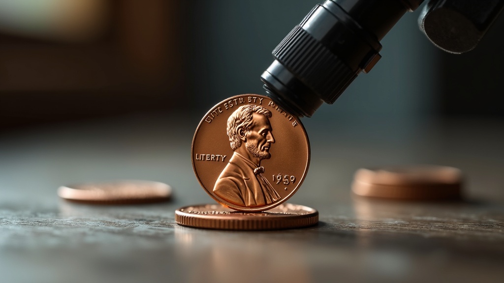 Macro view of a Lincoln Wheat Penny date and mint mark near a magnifying loupe