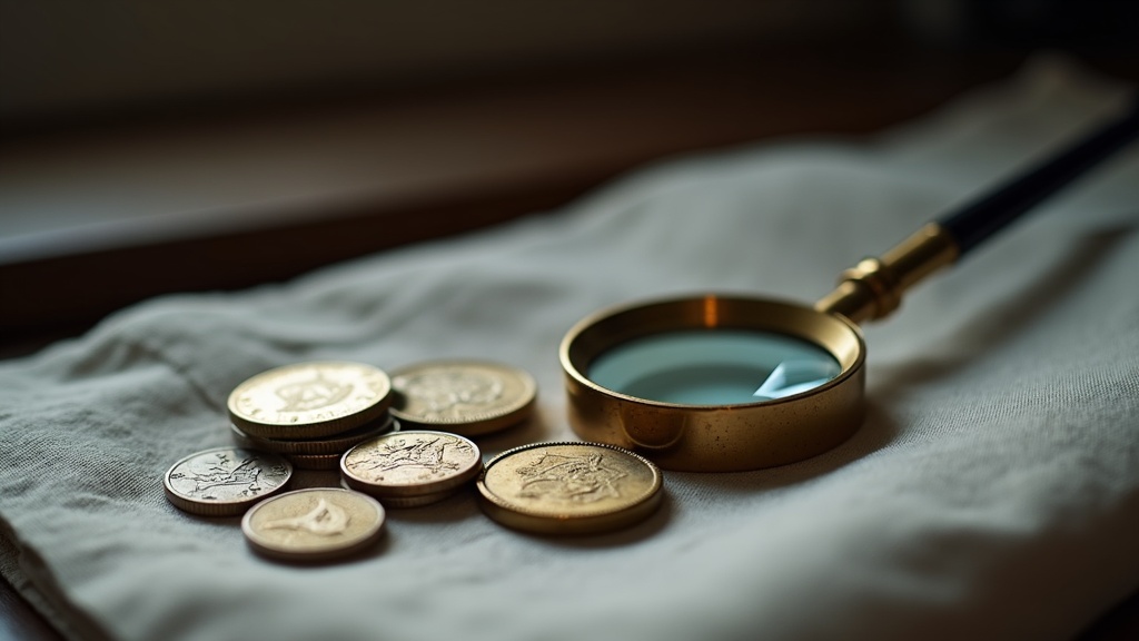 Loupe and medieval hammered coins used for close examination of coin details