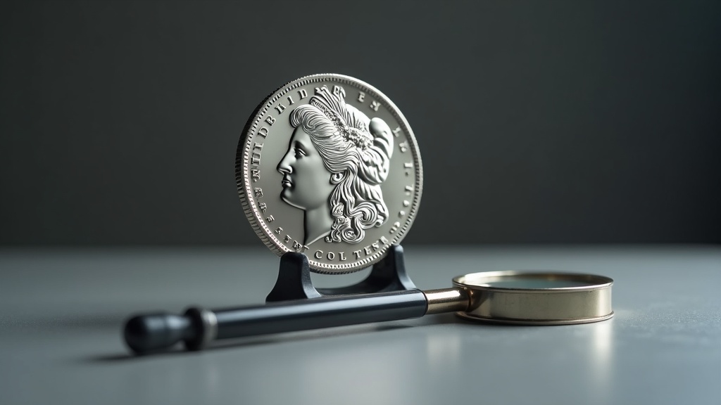 Morgan silver dollar coin in a protective holder next to a magnifying loupe