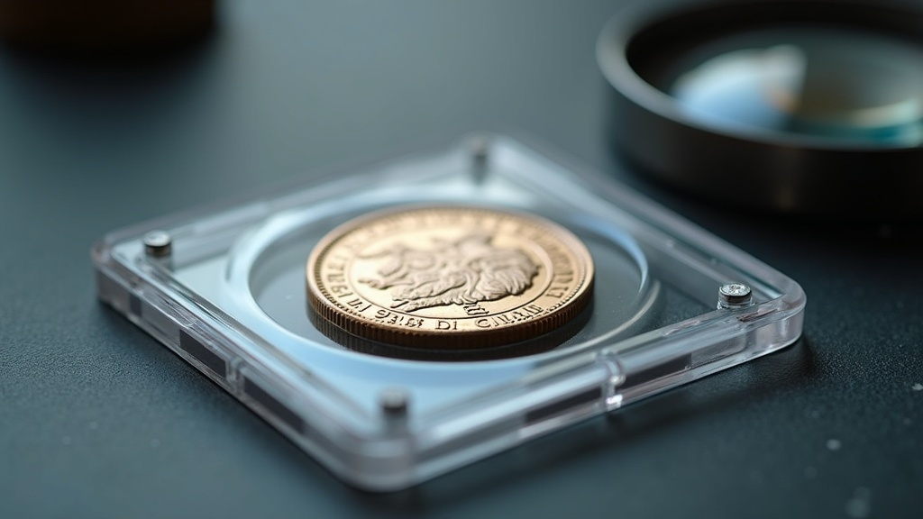 Coin in a protective grading slab holder next to a loupe used for examining coin grade