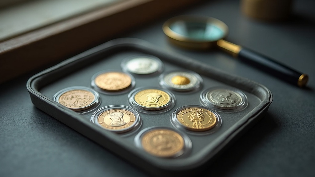 Coins in protective capsules with a loupe representing careful study of numismatic value in a coin collection