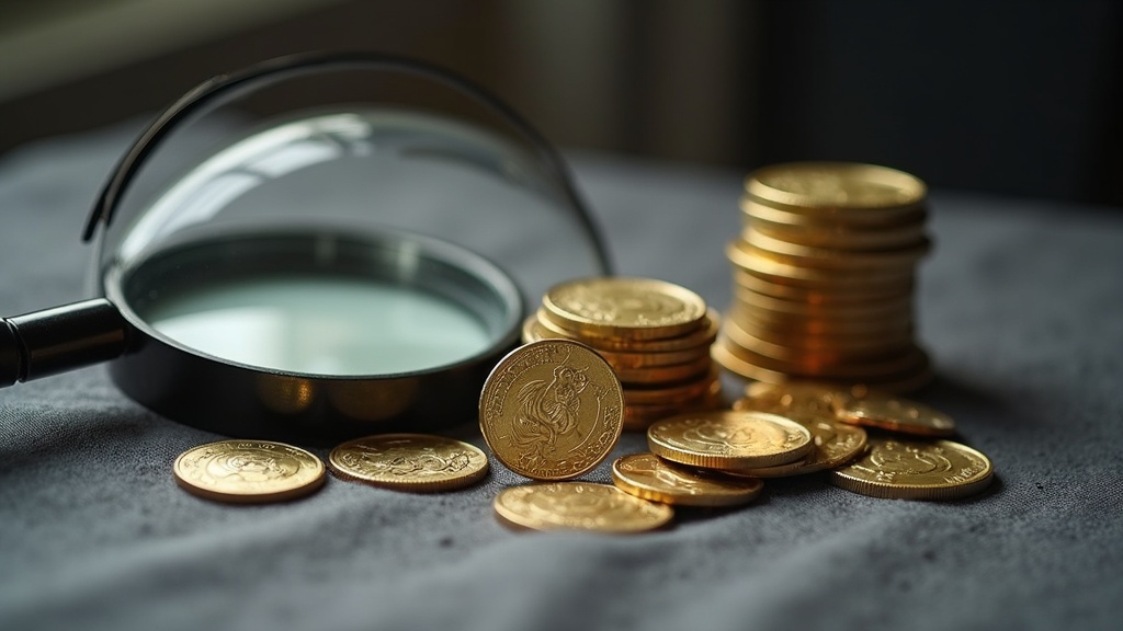 Loupe and graded coin slab next to bullion coins showing tools used to assess coin value