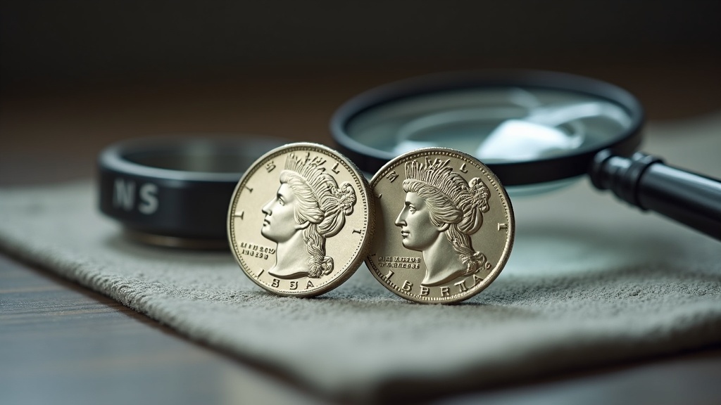 Peace Dollar obverse and reverse design details with a loupe used for coin examination