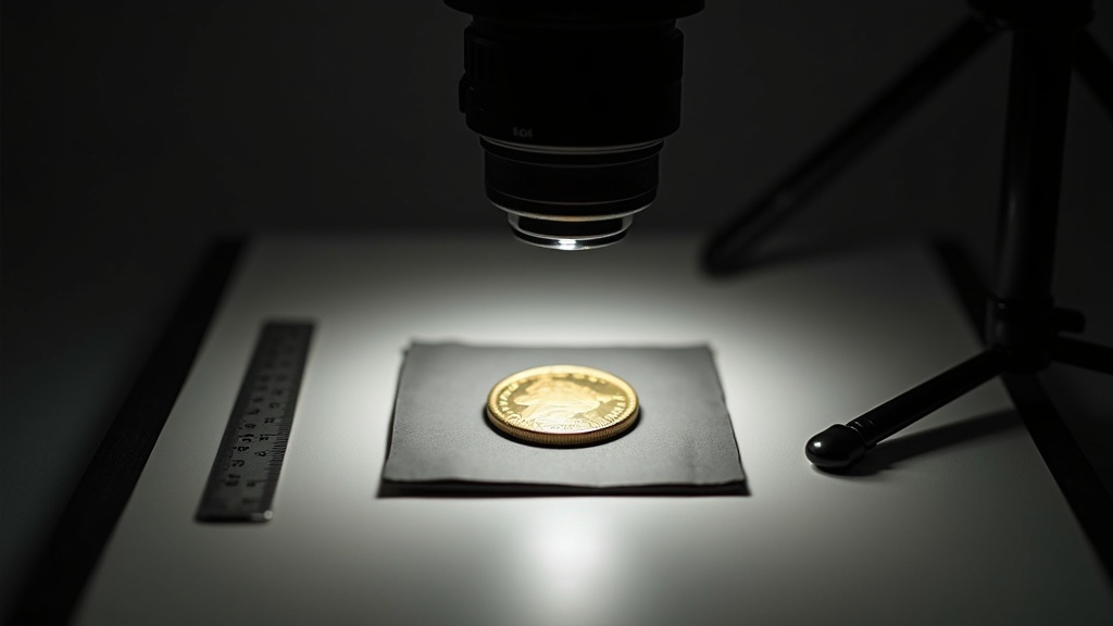 Macro photography setup with lightbox and ruler used to document a coin for insurance records
