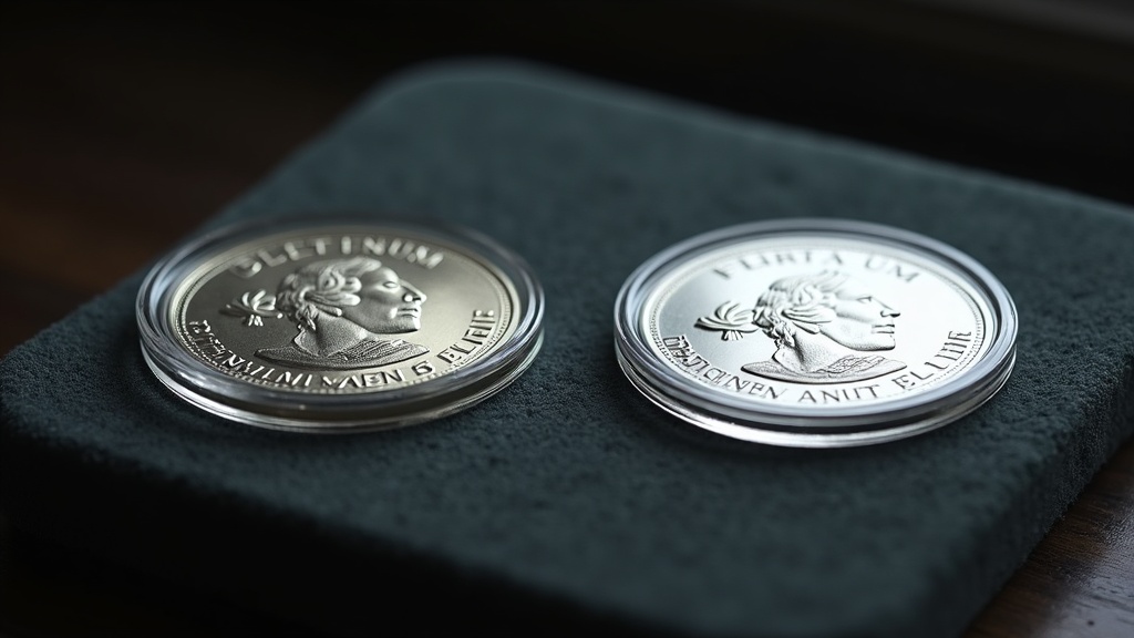 Platinum bullion coin next to a palladium bullion coin in protective capsules