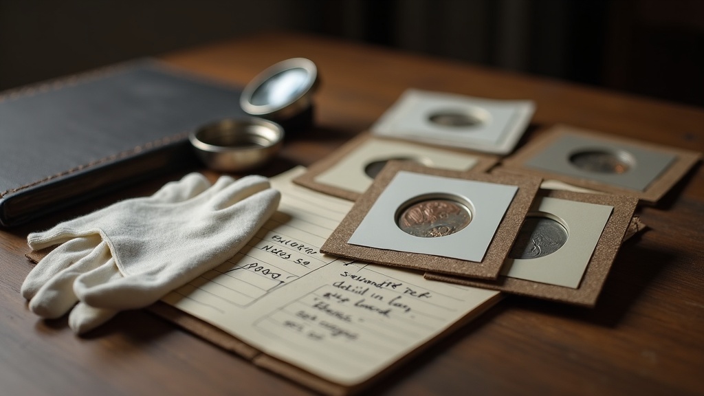 Coin holders and inventory notes used when preparing coins for appraisal