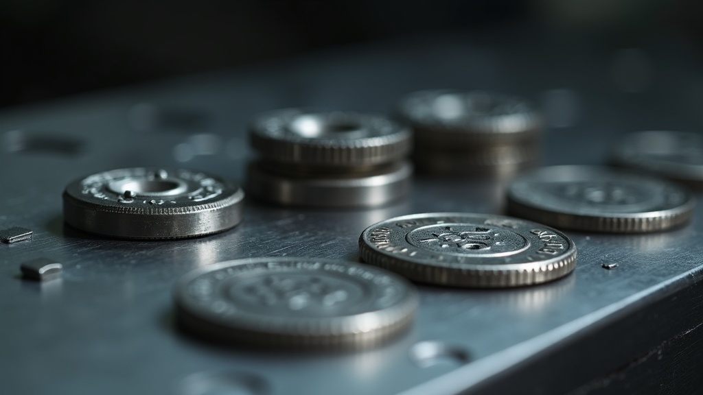 Macro photograph of coin dies and planchets used to strike proof and business strike coins at a mint