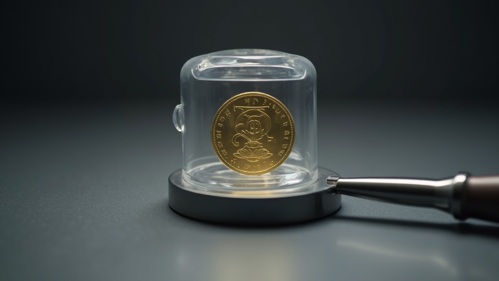Coin in a protective holder with a loupe illustrating dealer authentication and inspection practices