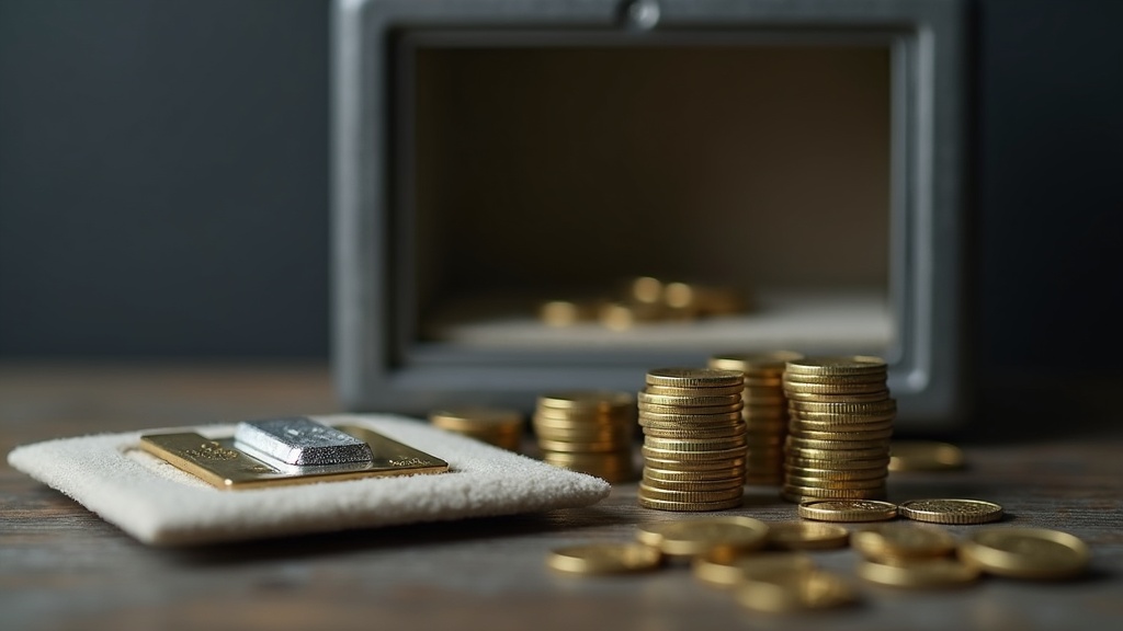 Coin capsules and a silver bar arranged near a security box showing physical metals storage considerations