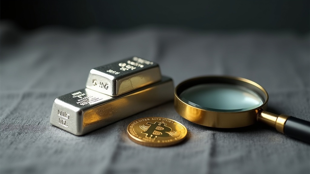 Silver bars and a gold coin with a loupe illustrating precious metals as a safe haven asset