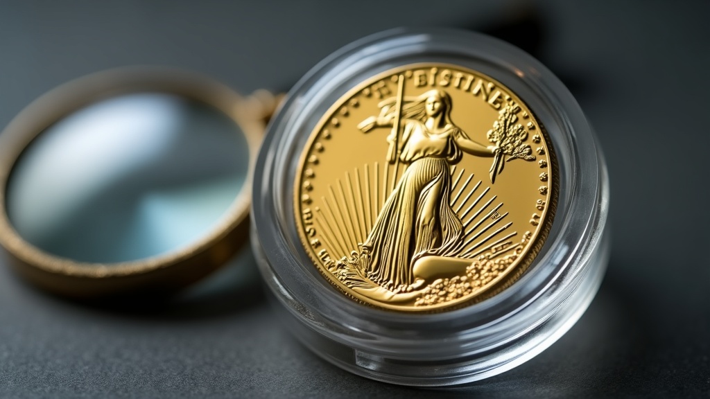 Saint-Gaudens double eagle gold coin displayed near a loupe for examining coin detail and condition