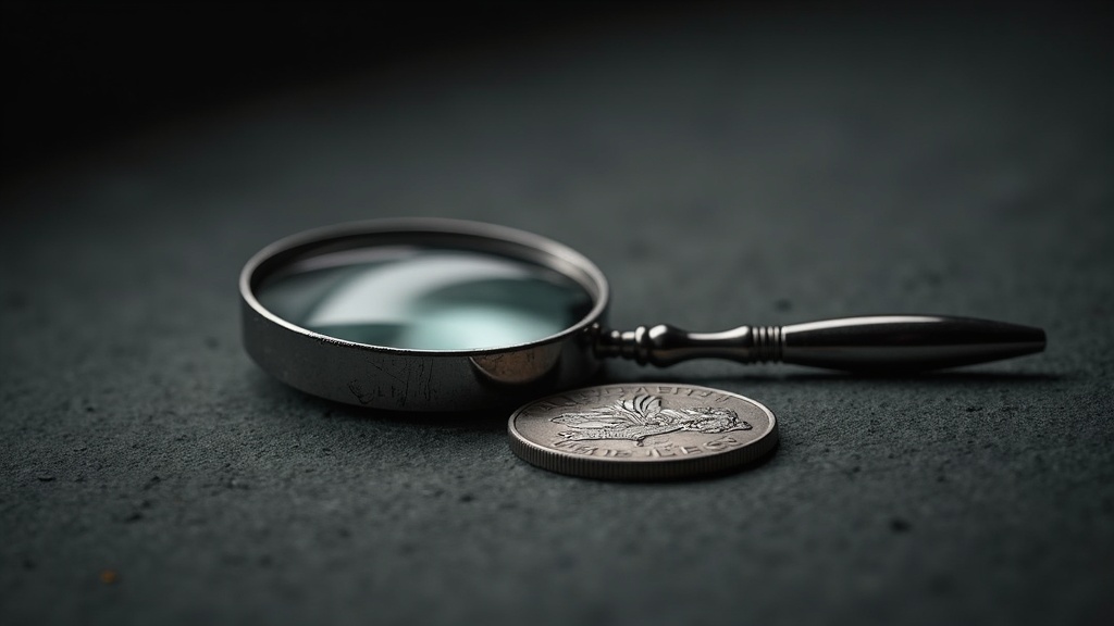 Magnifying loupe next to an antique coin used to examine surface detail before applying a coin grading scale