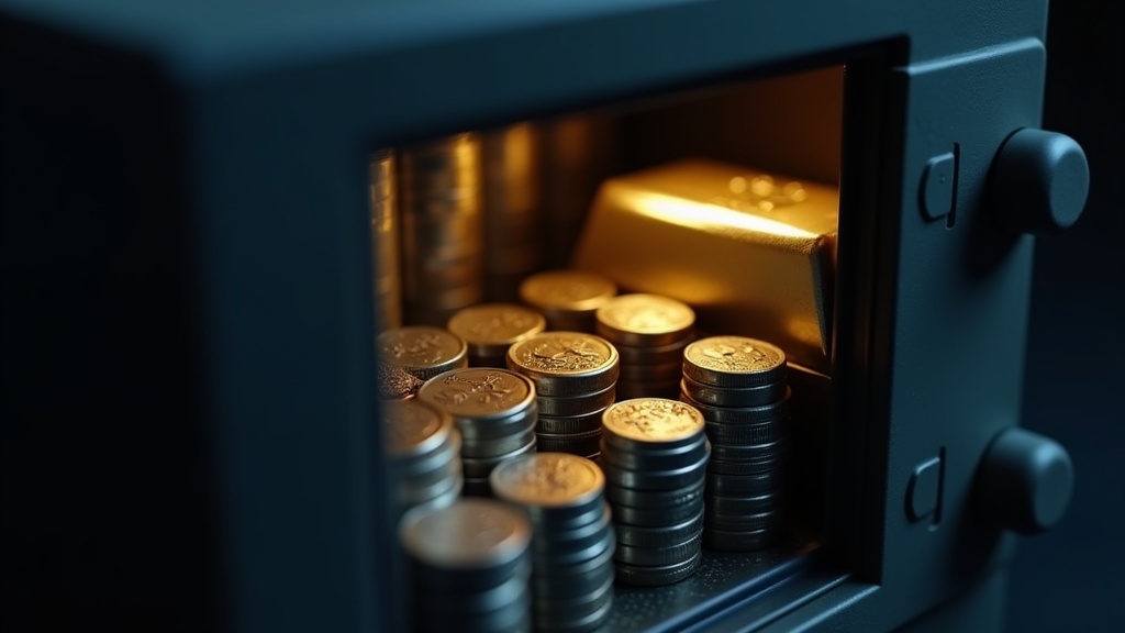 Home safe interior holding coin tubes and a bullion bar for physical metals storage