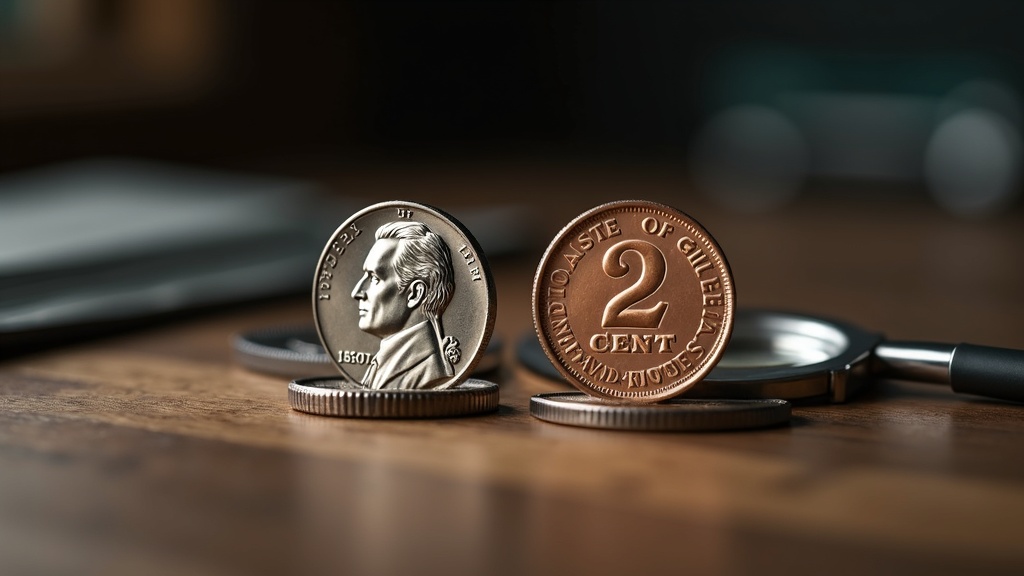 Three-cent piece and two-cent piece coins in protective holders with a loupe for examination