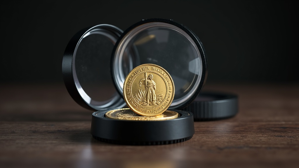 Commemorative coin in a protective capsule next to a loupe used for examining coin detail