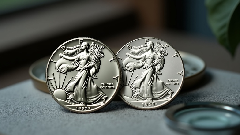 Obverse and reverse sides of a Walking Liberty Half Dollar coin displayed near a loupe