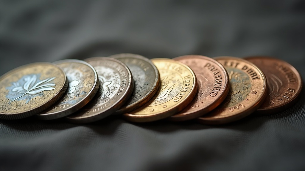Group of coins with varying toning colors illustrating natural coin toning patterns