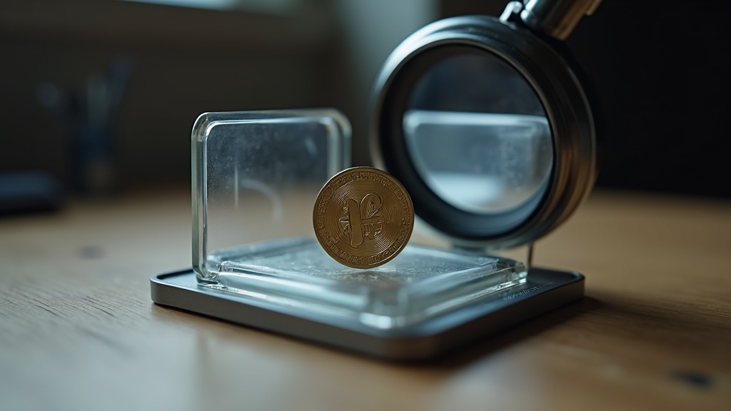 Coin in a protective holder beside a magnifying loupe used in coin grading