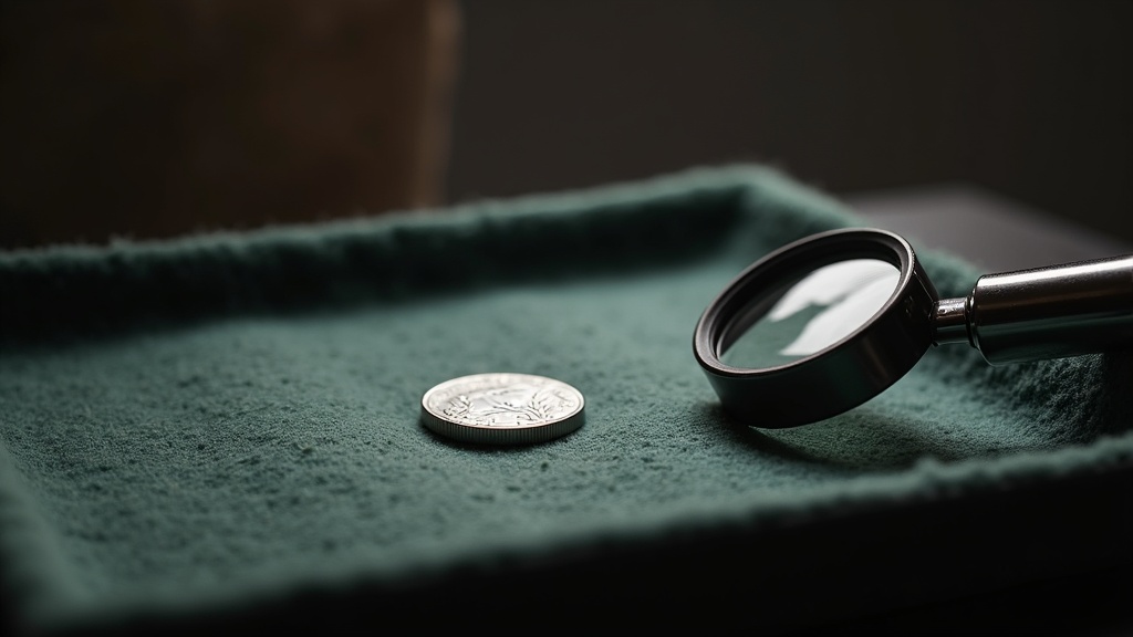 Loupe and unslabbed coin used to illustrate coin grading and authentication process