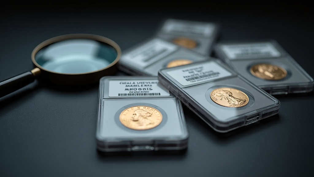 Several sealed coin grading slabs arranged near a loupe illustrating third-party coin grading