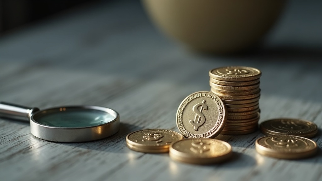 Close-up of wartime emergency money tokens made of zinc and aluminum next to a collector's loupe