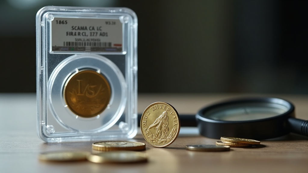 Graded coin slab and loupe illustrating coin grading abbreviations like MS and AU