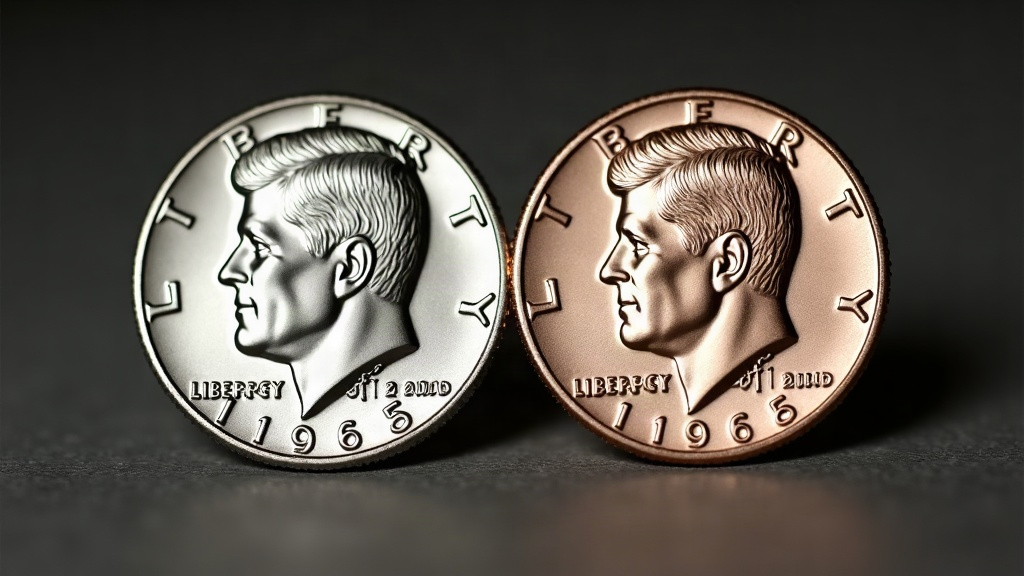 Edge-on comparison of a silver 1964 Kennedy half dollar and a later copper-nickel clad Kennedy half dollar showing different edge colors