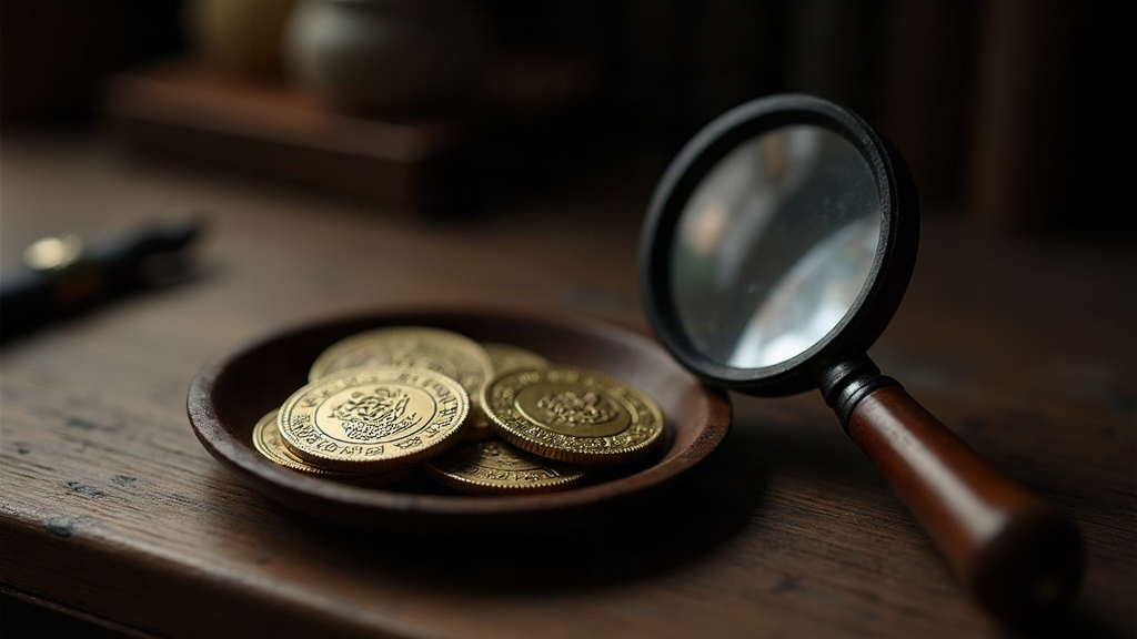 Loupe and antique Ottoman coins with Arabic inscriptions arranged on a desk for close study