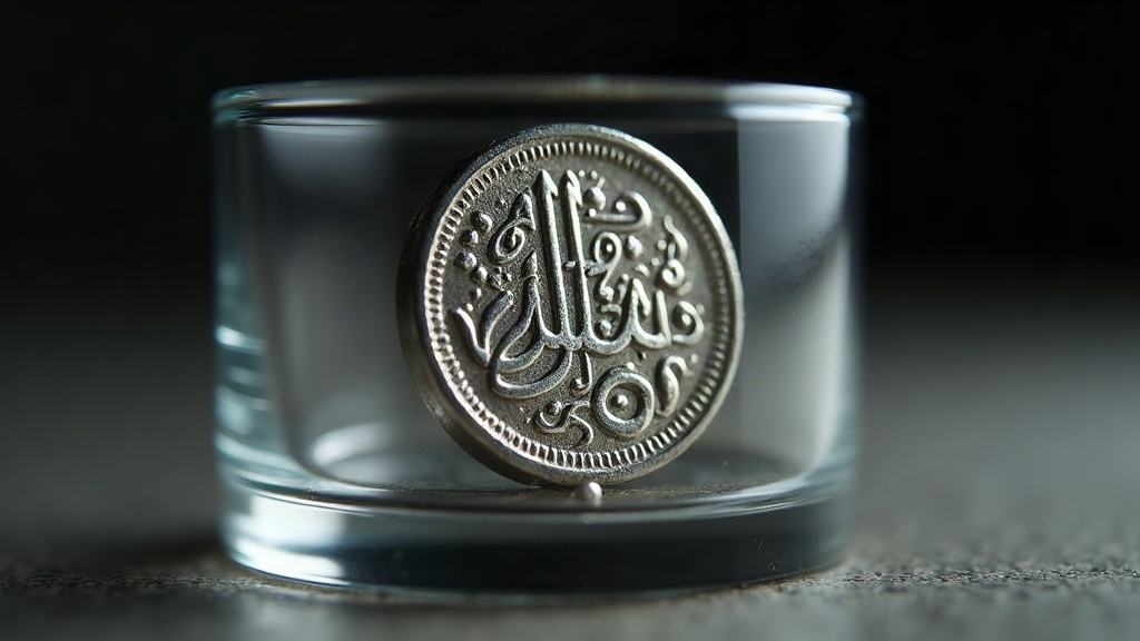 Macro photograph of a worn Ottoman silver coin in a coin holder showing Arabic script detail